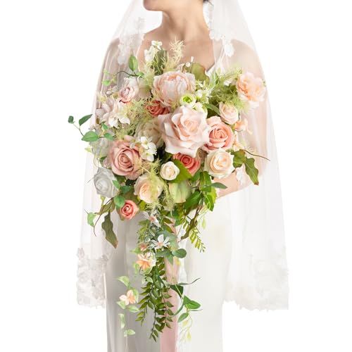 Ling's Moment Pink Bridal Bouquet Blush Garden Wedding Flowers 15 Inch Artificial Bride Bouquets for Elegant Weddings