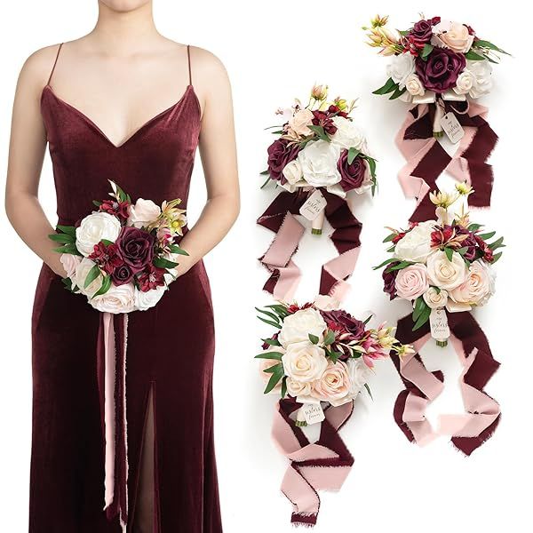 Ling's Moment Red Bridesmaid Bouquet Set of 4 Marsala and Blush Wedding Bouquets for Elegant Wedding Decor and Anniversary Celebrations