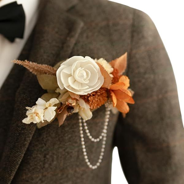 Ling's moment Pocket Boutonniere Single, Boutonniere for Men Groom for Wedding, Prom, Homecoming, Anniversary, Graduation, etc.Rust Boho Sola Wood,
