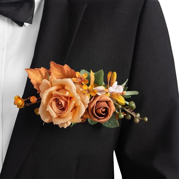 Ling's moment Pocket Boutonniere Single, Boutonniere for Men Groom for Wedding, Prom, Homecoming, Anniversary, Graduation, etc.Terracotta Orange