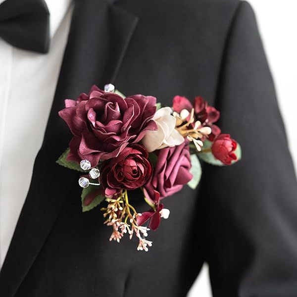 Ling's moment Pocket Boutonniere Single, Boutonniere for Men Groom for Wedding, Prom, Homecoming, Anniversary, Graduation, etc.Burgundy Marsala, 6" W