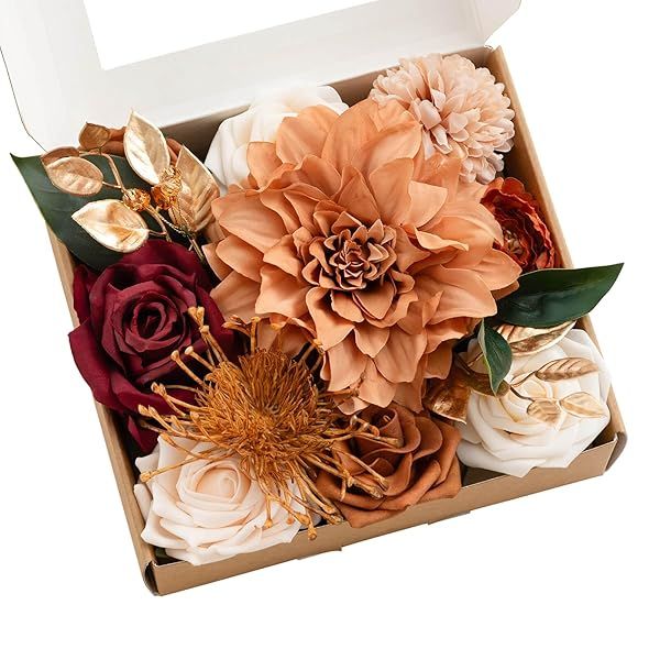 Ling's moment Terracotta Artificial Flowers Greenery Mini Box Set, Burnt Orange Fake Flower for DIY Wedding Bridal Bouquet, Centerpieces Decor,
