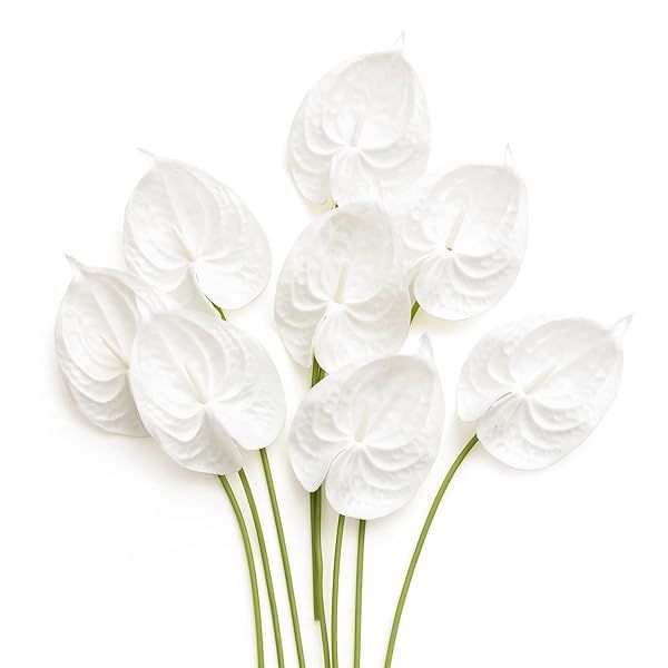 Ling's moment White Anthurium Flowers, 8pcs Artificial Silk Filler Plants, Faux Greenery Stems for DIY Wedding Bouquets Centerpieces Arrangements