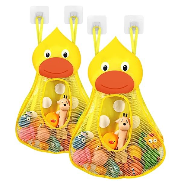 Linkidea Bath Toy Organizer - Duck Design Net Storage Holder with Adhesive Hooks (2pcs) for Tidy Bathtubs