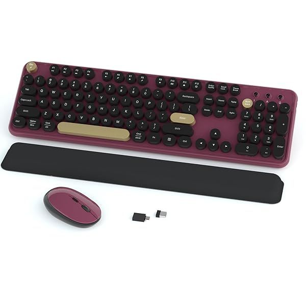 Links9 Wireless Keyboard and Mouse Combo Retro Full Size 2.4Ghz Connection Optical Mouse for Windows Mac PC Laptop Home Office Burgundy Black