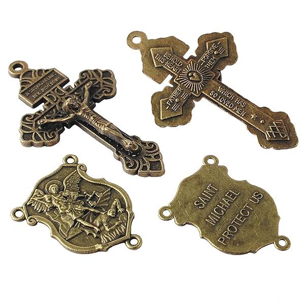 Luomu 4 Sets Saint Michael Centerpiece & Pardon Crucifix - DIY Rosary Making (Anti-Bronze)