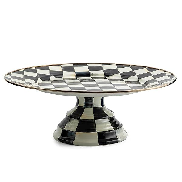 MACKENZIE-CHILDS Large Round Enamel Pedestal Platter Black and White Courtly Check Cake Stand