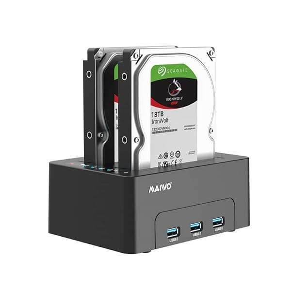 "MAIWO Dual Bay Hard Drive Dock: Clone & Expand Storage for 2.5/3.5" SATA HDD/SSD, 44TB Capacity, 3X USB 3.0 Hub"