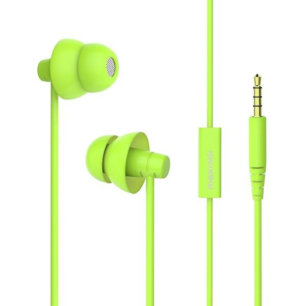 MAXROCK Total Soft Silicon Headphones with Mic for Sleep and Travel Compatible with Cellphones Tablets and 3.5mm Jack Green