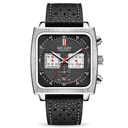 MEGIR Men's Rectangle Quartz Chronograph Watch - Luminous Leather Strap, Model 2182 Black