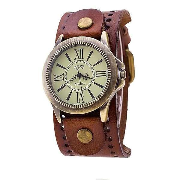 MINILUJIA Vintage Retro Punk Men Wrist Watch Bronze Big Face Dial Wide Genuine Leather Band Cuff Quartz Watches (brown1)