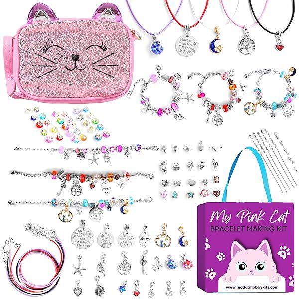 MODDA Charm Bracelet Making Kit - 80 Pcs DIY Jewelry for Girls 5-12 with Cute Cat Bag | Perfect Gifts & Crafts