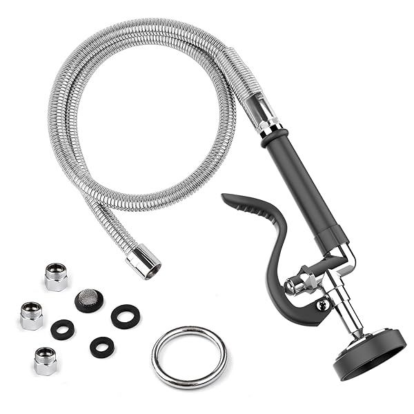 MSTJRY Spray Valve with 45 Inch Pre Rinse Hose for Commercial Kitchen Faucets Polished Chrome Black with 3 Adapters
