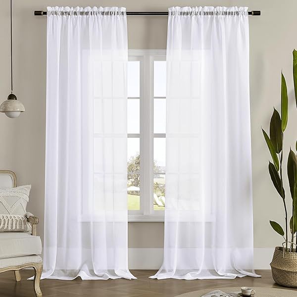 "Buy MYSTIC-HOME 84" White Sheer Curtains - Elegant Rod Pocket Drapes for Living Room & Bedroom | 2 Panels, Semi Crinkle Voile"