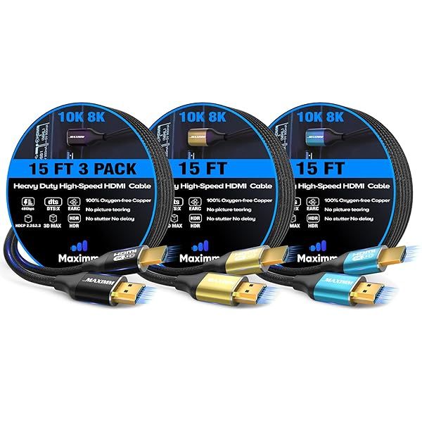 Maximm 8K HDMI Cable 15ft - Ultra High Speed HDMI 2.1 Cord (3 Pack) for 8K 60Hz Performance
