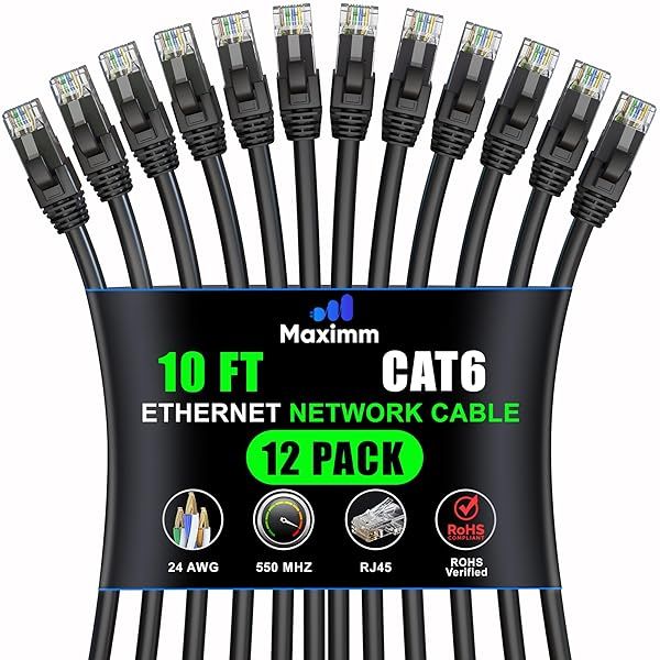 Maximm Cat 6 Ethernet Cable 10ft (12-Pack) - High-Speed 10Gbps LAN & Internet Patch Cables - UTP, 550MHz, Black