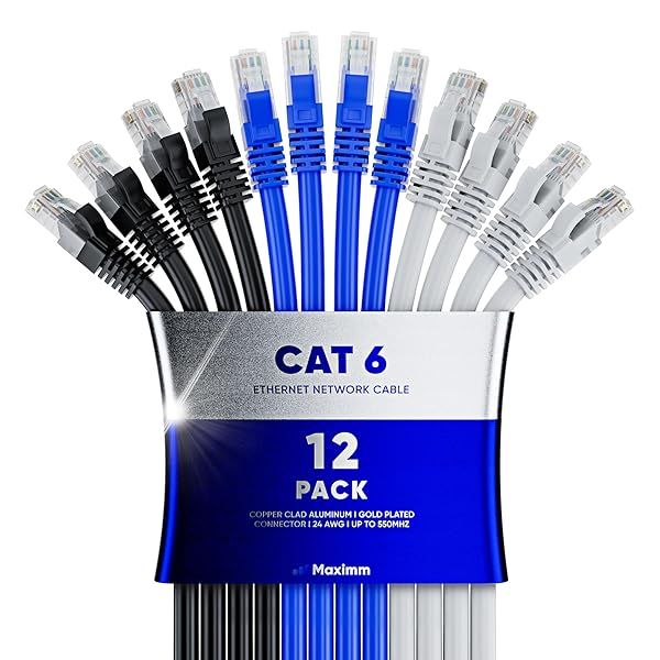 Maximm Cat 6 Ethernet Cable 12 ft (12-Pack) - High-Speed 10Gbps LAN & Network Cables - UTP, 550MHz, Tricolor