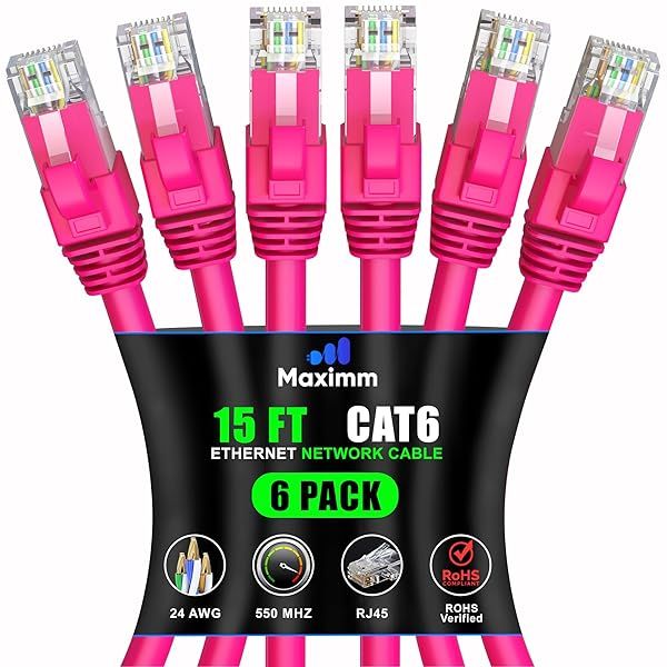Maximm Cat 6 Ethernet Cable 15ft (6-Pack) - High-Speed 10Gbps Network Cable - Pink UTP Patch Cord for Fast Internet