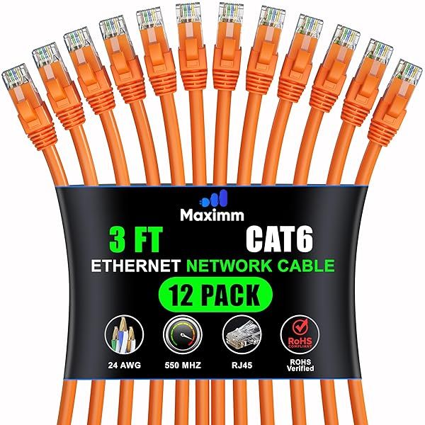 Maximm Cat 6 Ethernet Cable 3 ft (12-Pack) - High-Speed LAN Cable, Internet Cable, Patch Cable, and Network Cable - UTP, 10Gbps, 550MHz Ethernet Cord - Orange