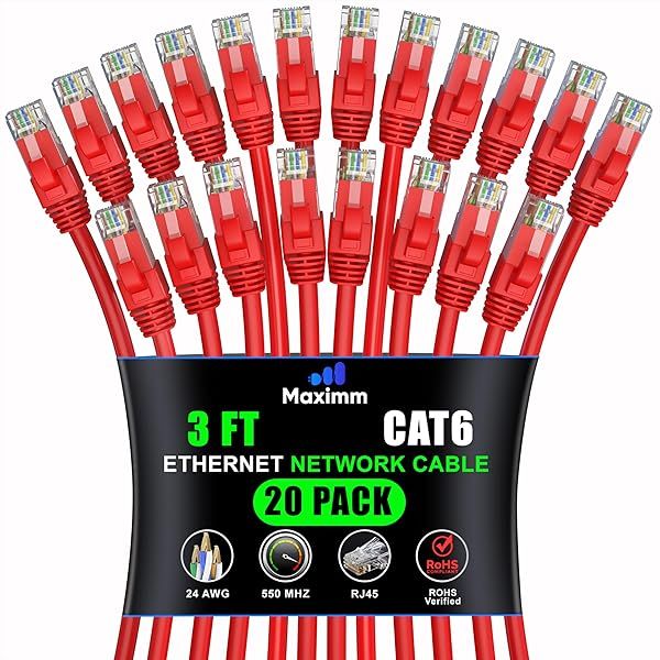 Maximm Cat 6 Ethernet Cable 3ft (20-Pack) - High-Speed 10Gbps LAN & Network Cables - Red UTP Patch Cords for Fast Internet