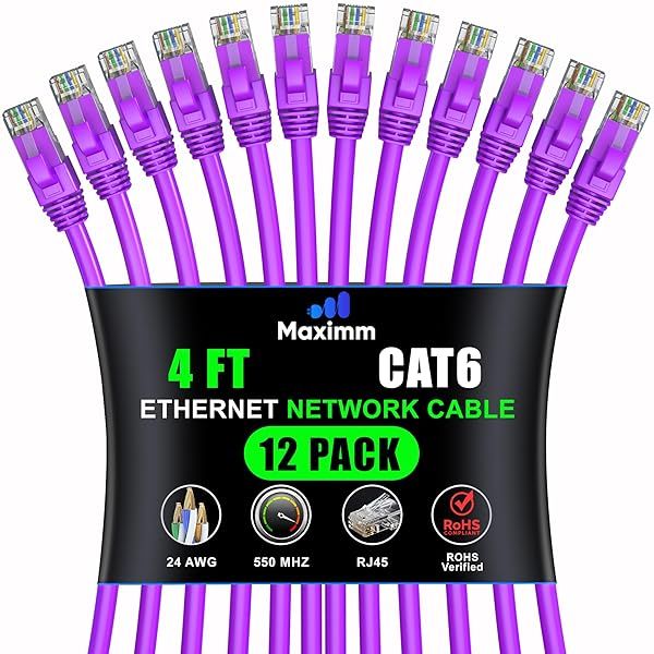 Maximm Cat 6 Ethernet Cable 4ft (12-Pack) - High-Speed 10Gbps Network Cable - Purple UTP for LAN & Internet