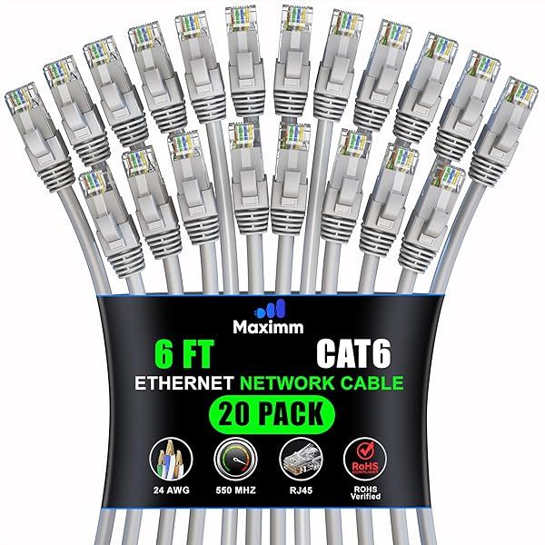 Maximm Cat 6 Ethernet Cable 6ft (20-Pack) - High-Speed 10Gbps LAN & Network Cables - UTP, 550MHz, Gray