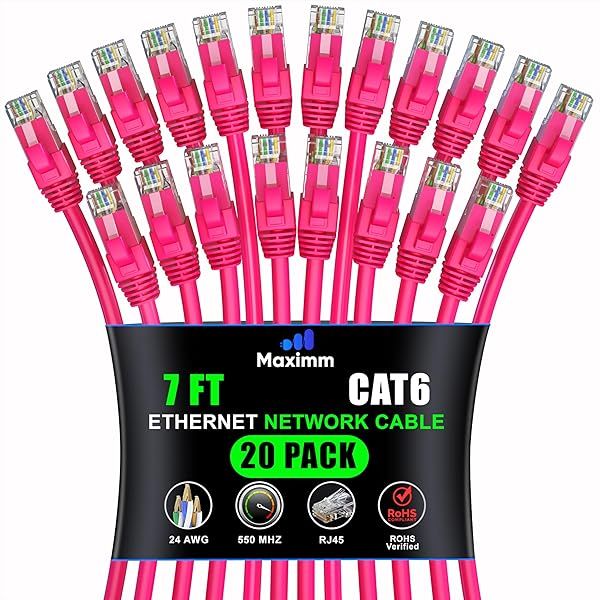 Maximm Cat 6 Ethernet Cable 7ft (20-Pack) - High-Speed 10Gbps LAN & Network Cable - Pink UTP Patch Cord