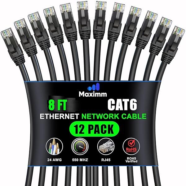 Maximm Cat 6 Ethernet Cable 8ft (12-Pack) - High-Speed 10Gbps LAN Network Cable - UTP, 550MHz, Black