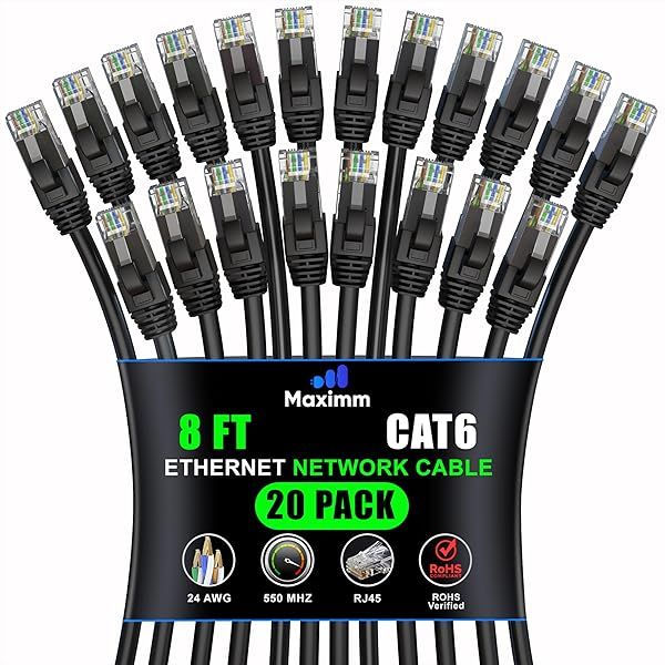 Maximm Cat 6 Ethernet Cable 8ft (20-Pack) - High-Speed 10Gbps LAN & Network Cables - UTP, 550MHz, Black