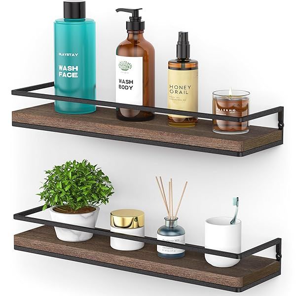Meangood Rustic Floating Shelves Set of 2 - Wall Mounted Wood Storage for Bedroom, Living Room, Bathroom & Kitchen