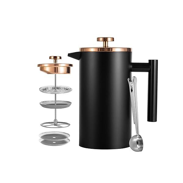 Meelio Black French Press 34oz Double Wall Insulated Coffee Maker with Extra Filters and Spoon Ideal for Travel and Camping