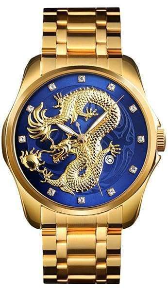 Men's Luxury Gold Chinese Dragon Quartz Watch - Waterproof Stainless Steel with Diamond Dial