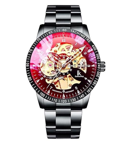 Men's Skeleton Automatic Watch: Silver & Gold Dial, Black Stainless Steel, Casual Steampunk Style