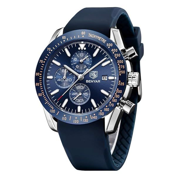 Shop BENAYR Men's Casual Chronograph Watches - Waterproof Sports & Business Styles in Silver/Blue