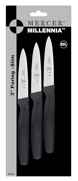 Mercer Culinary M23903 Millennia 3-Pack Slim Paring Knives - 3-Inch Black Handle Kitchen Essential