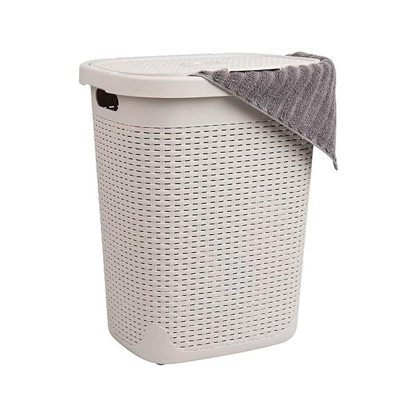 Mind Reader 50L Slim Laundry Hamper - Wicker Design, Lid, Plastic, Ivory - Perfect Clothes Basket for Small Spaces