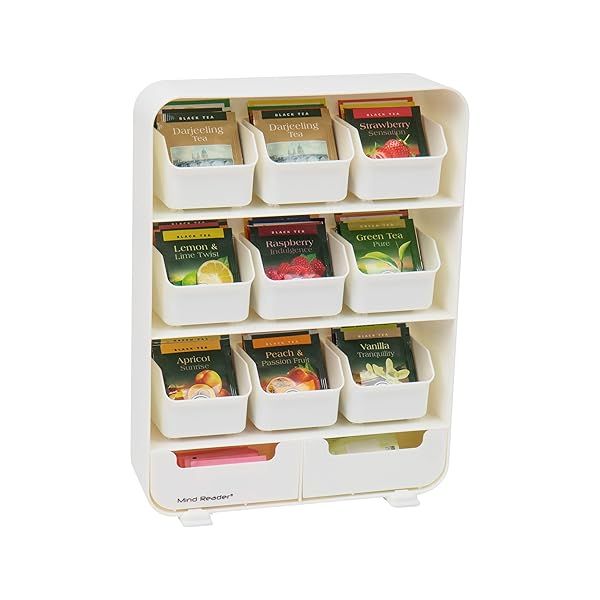 "Mind Reader Bag Tea Station Organizer - Stylish Countertop Storage for Kitchen, 10.25"L x 3.25"W x 13.75"H, White Plastic"