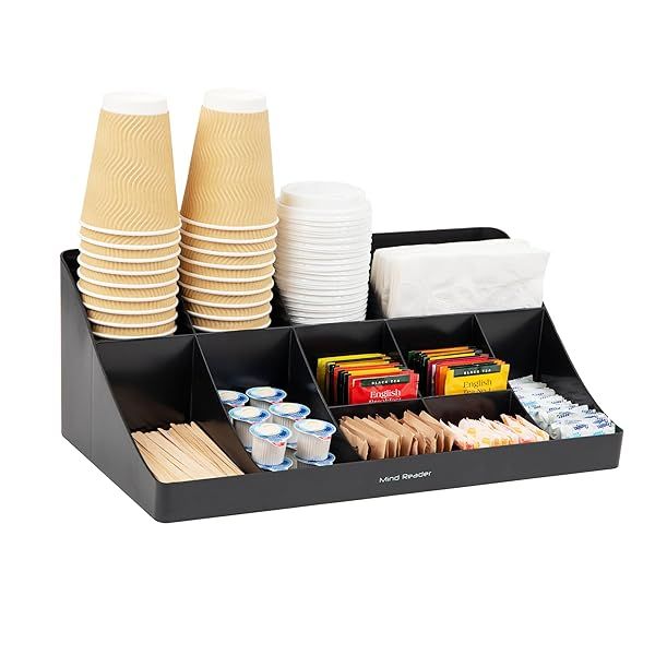 "Mind Reader Cup & Condiment Station: 11-Compartment Coffee Bar Organizer for Kitchen - Black, 17.875" L x 9.5" W x 6.625" H"