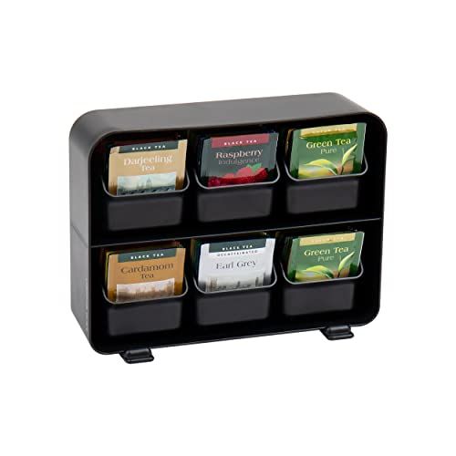 "Mind Reader Tea Bag Organizer - Stylish Kitchen Countertop Storage, Black Plastic, 10.25"L x 3.25"W x 7.75"H"