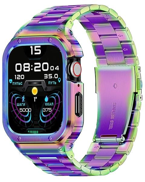 MioHHR Stainless Steel Band and Case Compatible with Apple Watch Band 45mm, Men Metal Protective Bumper Cover for iWatch Series 9 8 7, Multicolor