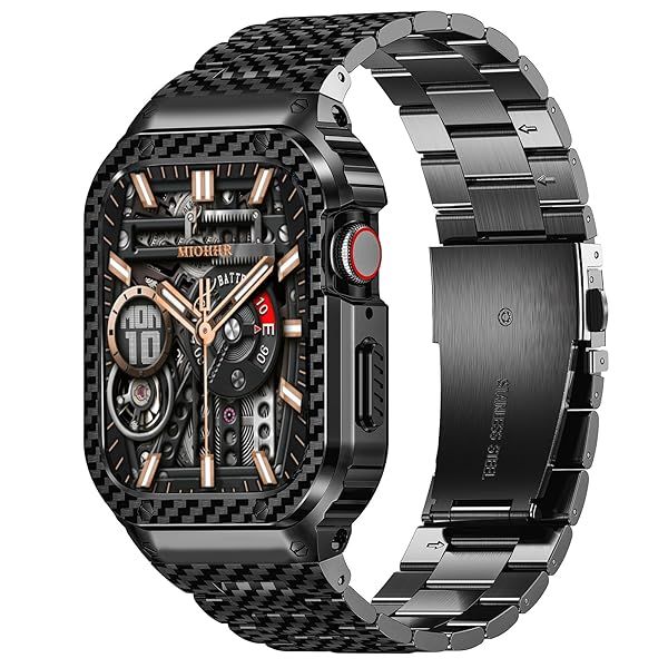 MioHHR Stainless Steel Band and Case Compatible with Apple Watch Band 45mm, Men Metal Protective Bumper Cover for iWatch Series 9 8 7, Black Pattern