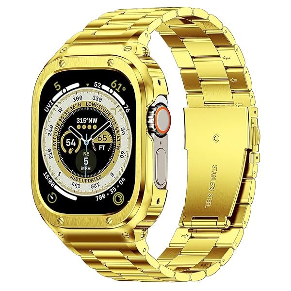 MioHHR Stainless Steel Band and Case Compatible with Apple Watch Band 49mm, Men Metal Protective Bumper Cover for iWatch Series Ultra 3 2 1, Gold
