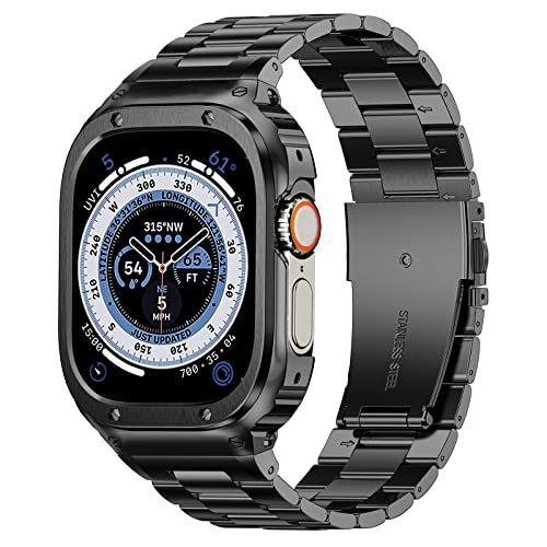 MioHHR Stainless Steel Band and Case Compatible with Apple Watch Band 49mm, Men Metal Protective Bumper Cover for iWatch Series Ultra 3 2 1, Black