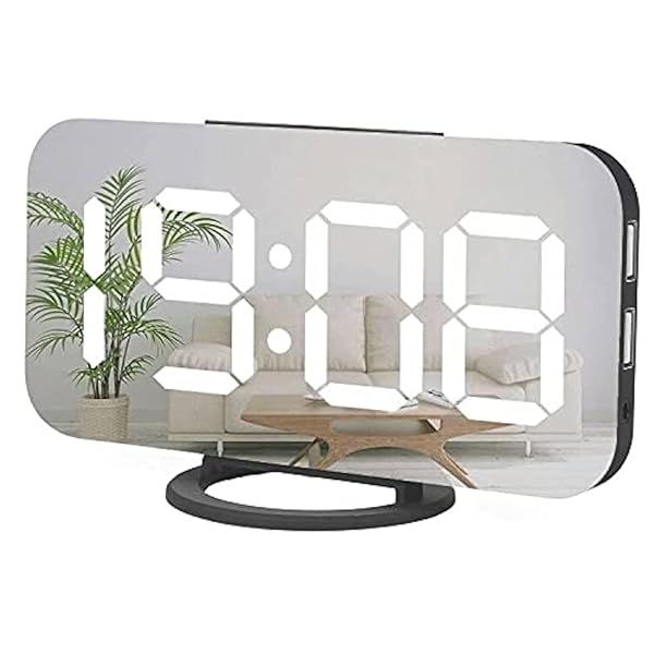 Miowachi Large Mirrored LED Alarm Clock with Snooze & USB Ports - Stylish Bedroom Decor