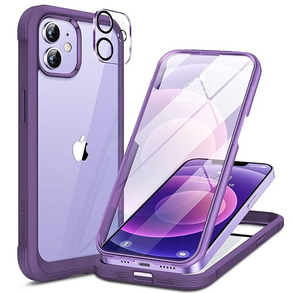 Miracase Glass Series iPhone 12 12 Pro Full Body Rugged Case with Tempered Glass Screen Protector and Camera Lens Protector Purple