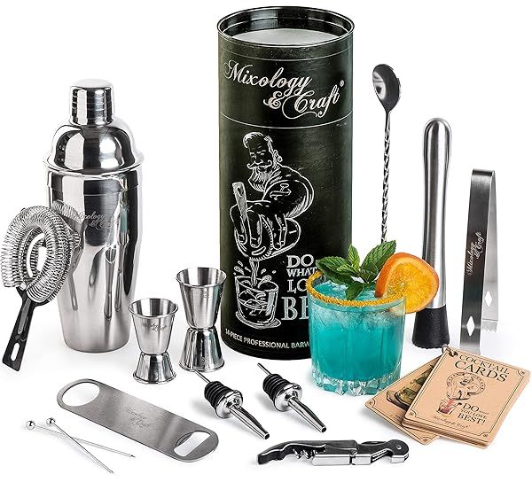 14-Piece Mixology Bartender Kit: Ultimate Cocktail Shaker Set for Home & Professional Use with Bonus Recipes & Picks