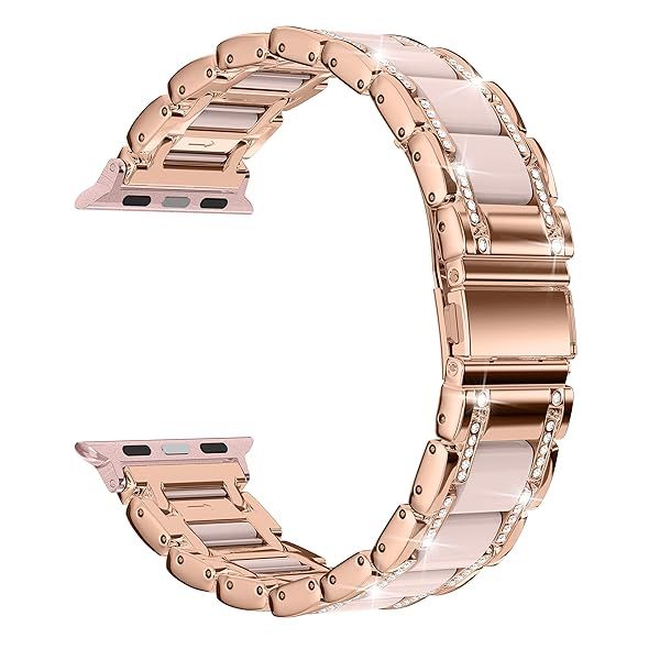 Moolia Metal Band for Apple Watch 38-42mm Women Rhinestones Resin Bling Diamond Bracelet Rose Gold Pink Compatible with Series 1-10 SE Ultra
