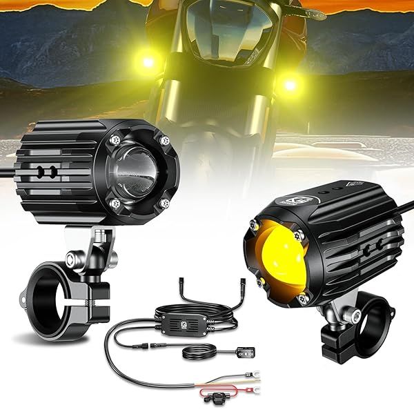 Motorcycle Auxiliary LED Light Driving Spotlights White Amber Fog Lights with Mount Brackets Wire Harness Waterproof Offroad Work Lights Compatible