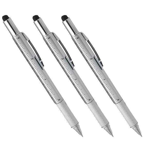 6-in-1 Multi-Function Tool Pen Set: Ballpoint, Ruler, Screwdriver & Touch-Screen Pen (3 PCS, Silver) - Perfect for Every Task!