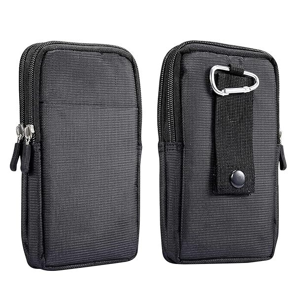 Multifunction Dual Phone Holster Men, Nylon Cell Phone Case Holder Mens Belt Pouch Loop Clip, Smartphone Belt Wallet Purse 2 Zipper Pockets